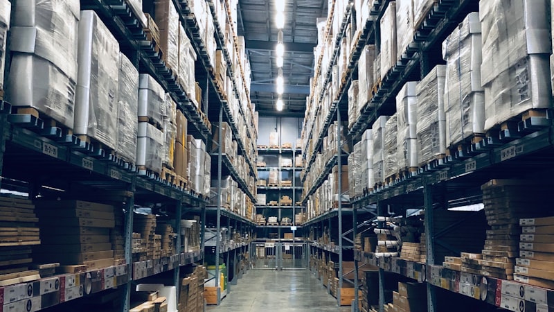Warehouse shelving stocked with inventory